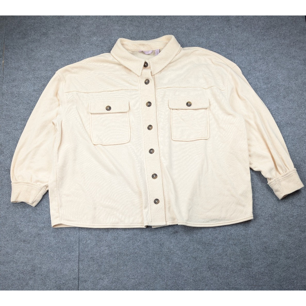 Any Body Shacket Womens 3X Lumberjane Fleece Button Up Athleisure Cream Minimal